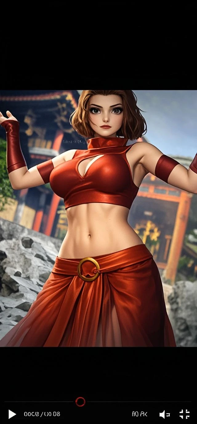 Mai Shiranui full body wearing her traditional costume standing in a circle,seios grandes e coxas grossas sexy,melhor qualidade,alto,Traje tradicional,roupa original (realistic,fotorrealista:1.37),vivid colors,ultra-detalhado,corpo inteiro detalhado partes intimas grandes e bem detalhada,Maio Shiranui SNK 2099,longos cabelos pretos fluindo,belos olhos detalhados,beautiful detailed lips,detalhes intrincados do rosto e do corpo,bright red costume clinging to her curves,dynamic pose,movimentos graciosos,Ambiente de queima,Cinematic lighting,sharp focus,Fundo exuberante do jardim,contraste de luz e sombra,subtle color grading,artistic interpretation