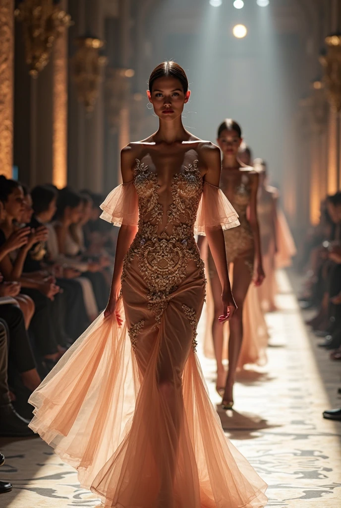 (Goddess of Fashion:1.4), an elegant and regal figure, embodying the epitome of style and grace, (dressed in a stunning haute couture gown that combines modern design with timeless elegance:1.4), (the gown features intricate embroidery, shimmering fabrics, and a flowing silhouette:1.4), (her accessories include a crown of jewels and a necklace that glows with a soft, radiant light:1.4), (she stands confidently, striking a powerful pose on a runway surrounded by an aura of luxury and sophistication:1.4), (her expression is poised and commanding, with piercing eyes that reflect her authority in the world of fashion:1.4), (background of a high-end fashion show, with a glamorous audience and flashing lights:1.5), (rich, vibrant colors, with a focus on gold, silver, and deep jewel tones:1.2), (perfect image quality:1.4), (intricate details, sharp focus, and a dynamic composition that highlights her status as the ultimate fashion icon:1.4), (a sense of movement in the fabric, as if caught in a breeze:1.4), (exquisite textures and patterns that elevate the overall aesthetic:1.4)
