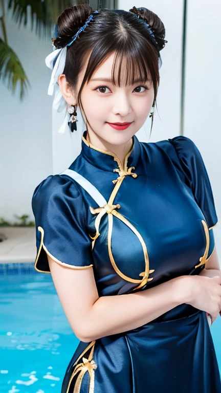 masterpiece、1 beautiful girl、Beautiful Eyes、Puffy eyes、Highest quality, 超High resolution, (reality: 1.4), Cinema Lighting、Japanese、Asian Beauty、Korean、so beautiful、Beautiful Skin、Body facing forward、Face close-up、(超reality的な)、(High resolution)、(8k)、(Very detailed)、(美しくBeautiful Eyes)、(Very detailedな)、 (wall-)、Detailed face、Bright lighting、Professional Lighting、Looking at the audience、Look straight ahead、Diagonal bangs、Nogizaka Idol、Korean Idol、masterpiece, Highest quality, masterpiece, Highest quality, Perfect Face, Perfect brown eyes with white sclera, Bad move - 5, alone, 1 girl, Upper Body, Brown Hair, From SF2, Chinese Language Services, smile, Wide Hips, Muscular Woman, Blue clothes, pantyhose, Pelvic Curtain, puffy short sleeve, bun cover, sash, evaluation:safety, Shen, Chun-Li