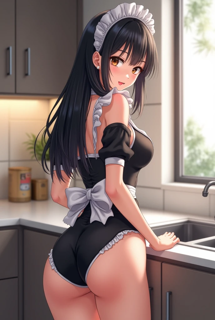 ((masutepiece, Best Quality, hight resolution, nffsw, Perfect Pixel, 4K, nffsw, nffsw))), 1girl in, Single, Solo, Beautie、full body seen、 ((Medium length wavy hair, Bangs, Brown hair)), ((Brown-eyed, Beautiful eyelashes, Realistic eyes)), ((Detailed face, Blushing:1.2)), ((Smooth texture:0.75, Realistic texture:0.65, Photorealistic:1.1, Anime CG style)), medium breasts, Dynamic Angle, Perfect body, ((Maid costume、Apron with white ruffles、Long flared skirt in white、 Black stockings、no-bra)), a necklace、Cooking in the kitchen、Very embarrassing panic smile、Looks Back、stick out your butt、(((Transverse breasts、You can see all your breasts、touch your butt with your left hand、)))、()、、、Angle from below