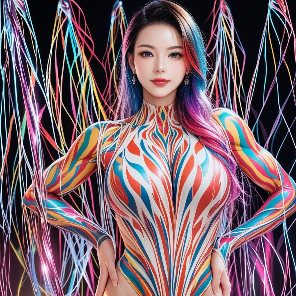 high quality, 8K Ultra HD, Imagine a vibrant canvas illuminated by a cascade of colorful binary code, forming the silhouette of a captivating woman, The dynamic lines and patterns, reminiscent of a digital dance, weave together to create a harmonious fusion of technology and art, The binary code, in hues ranging from electric blues to radiant reds and vivid greens, breathes life into the woman's form, Her silhouette emerges as a synthesis of the digital and the organic, a testament to the seamless integration of technology and beauty in your masterful creation, by yukisakura, high detailed,