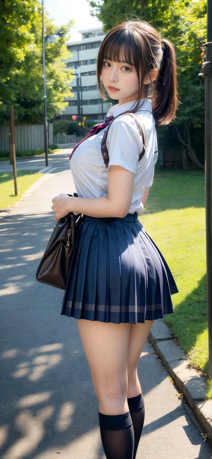(highest quality, 8K, 32K, masterpiece, UHD:1.2), (RAW photo), (realistic), (photorealistic:1.2), (High resolution), huge file size, super detailed, very beautiful face & eye, 1 girl, (, 13 years old:1.5), young woman, (round and small face, thin waist, huge breasts, slim proportions), sailor suit, (dark blue micro pleat skirt:1.5), (from below, from behind, between legs, panty shot, Panty shot:1.6), Rooftop of the city of dawn, (Japan School Backpack, school bag backpack:1.3),