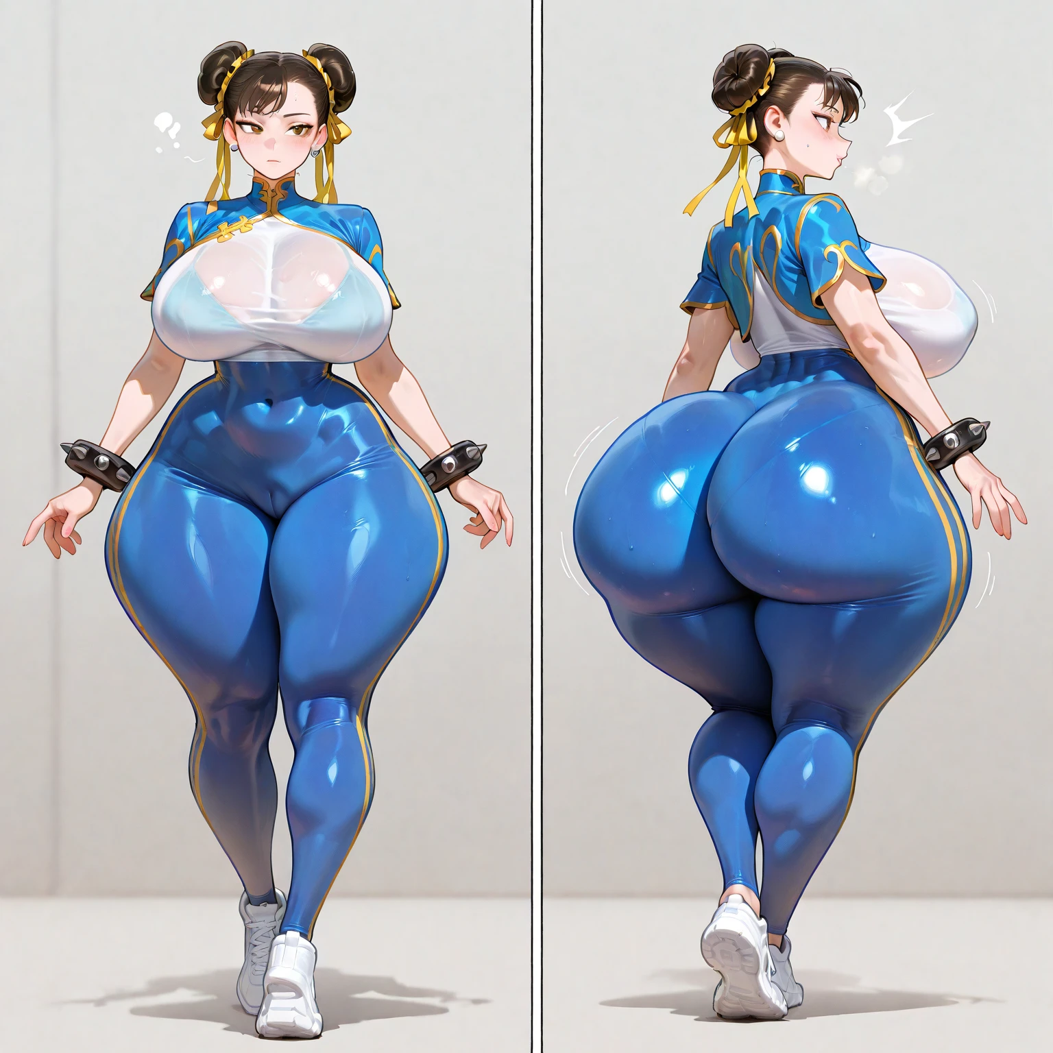 SF6 Chun-Li pose with both hand on hips booty at camera flaunting wearing Royal Blue shirt and thin grey Leggings thats the a exact same material as nitrile butadiene rubber gloves Thighs Buttocks Streetfighter Buruma Gravure shirt Japanese gym shoes pantyline