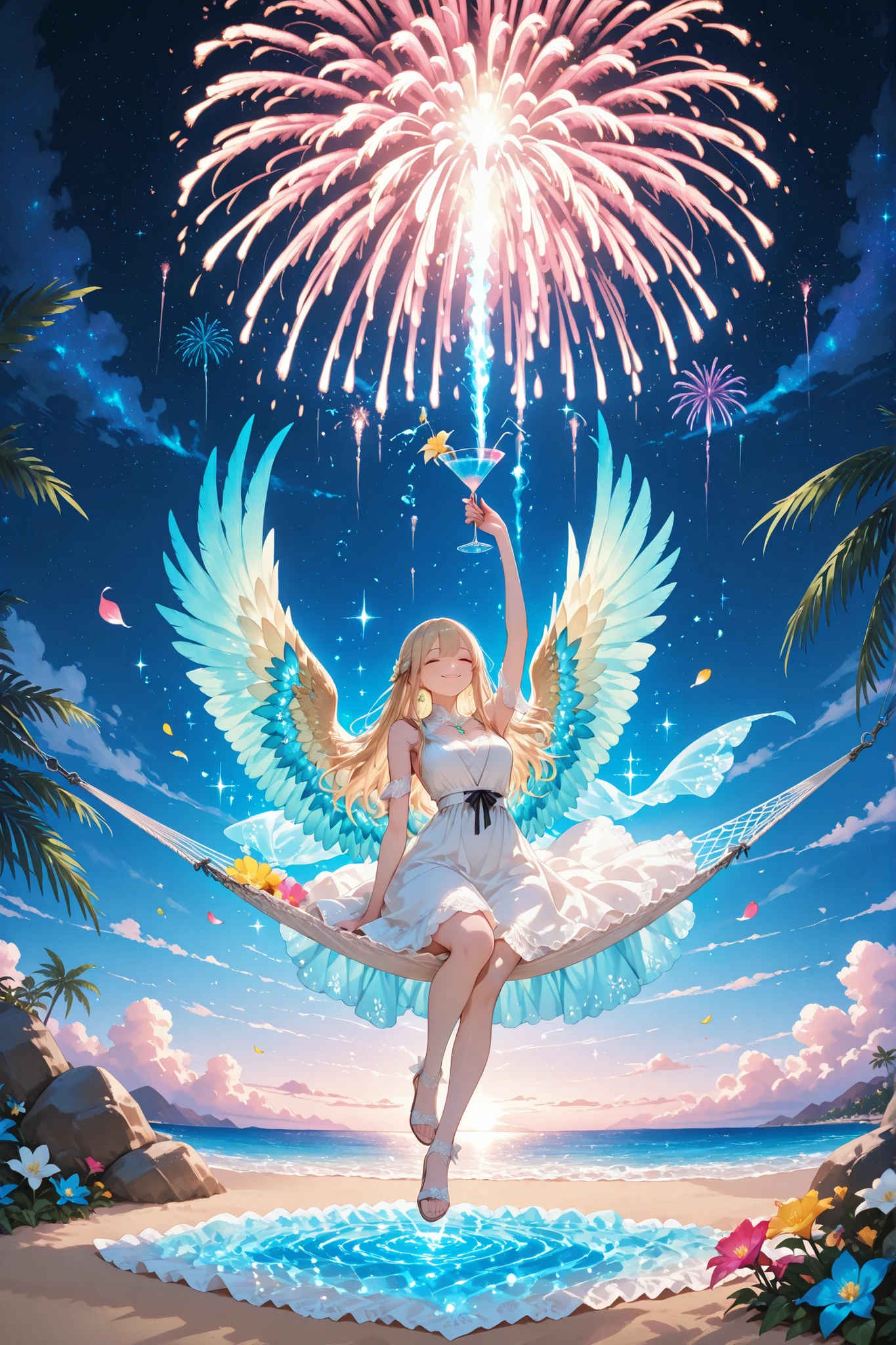 a graceful Cute girl with angelic wings lounging on a hammock, her elegant white dress adorned with lace and floral accents, she holds a delicate cocktail glass in her hand, the drink is vibrant, filled with colorful flowers and a glowing blue liquid, her expression is serene yet playful, a subtle smile gracing her lips, as she glances off to the side, her wings are partially open, showcasing their soft feathers that reflect the gentle moonlight, the background is a tropical night scene, palm fronds sway gently around her, while vivid, crystal blooming flowers frame the hammock, in the distance, fireworks burst in vibrant colors, casting a warm glow across the ocean waves, the sky is dark but filled with stars, adding a sense of romance and enchantment to the scene, her posture is relaxed and inviting, as if she is enjoying a peaceful evening, the combination of the serene environment and her graceful demeanor gives the image a dreamlike, idyllic feeling, the gentle breeze causes the hem of her dress to flutter, and petals seem to float around her, enhancing the sense of tranquility and charm, the overall atmosphere is a mix of elegance, relaxation, and a hint of celebration, as if she is enjoying a perfect tropical night under the stars.slightly elevated angle,epic, sparkle, particles , glowing,ember,
BREAK, soft colors composition,Light color composition,finely detail,semi realistic,stunning,clear picture,intricate details,extremely detailed CG unity 8k wallpaper,stunning,clear picture,masterpiece,best quality, highres,