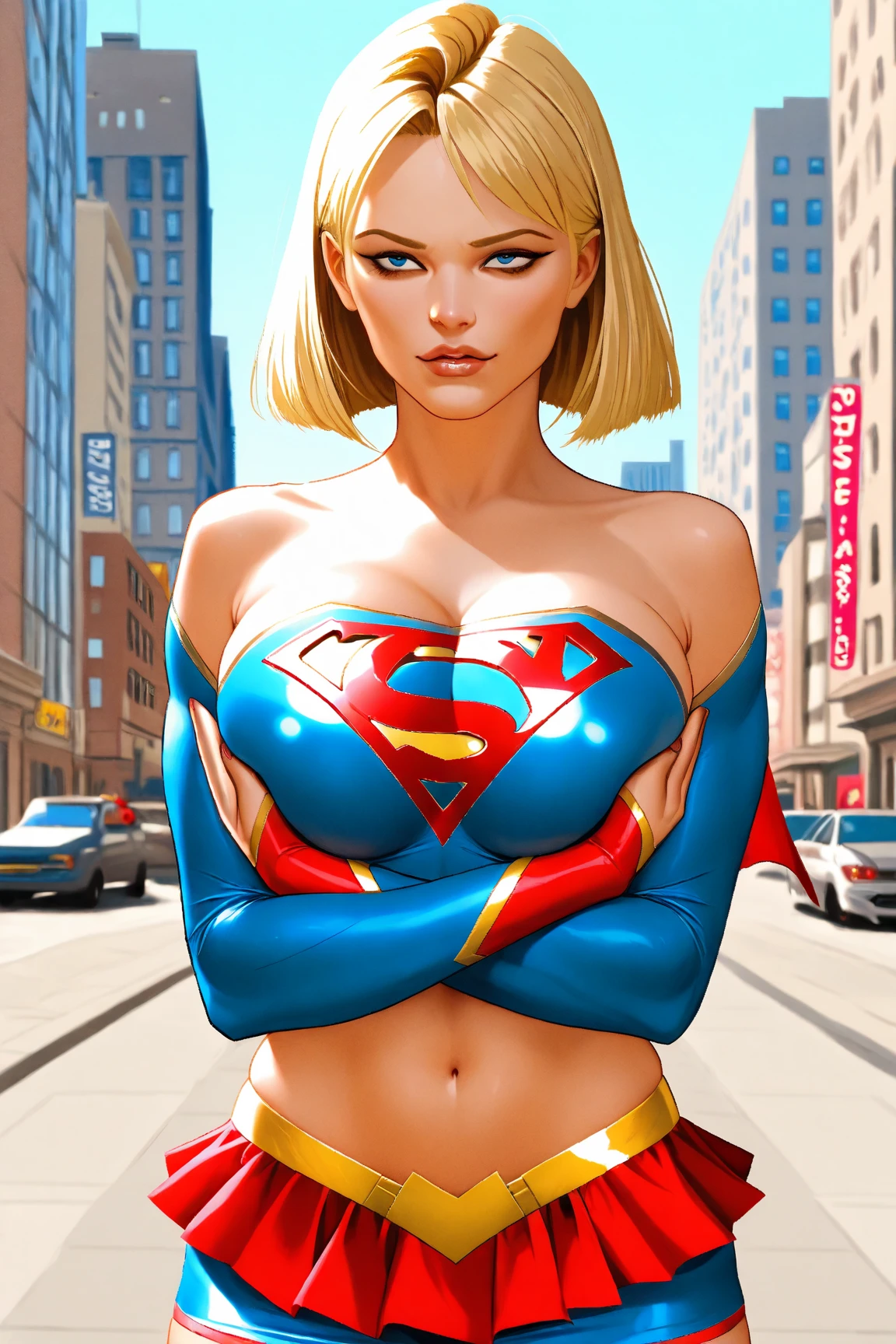 "A woman/maid/Batman/Spider-Man, enormous breasts, blond hair, mohawk, exhibitionist, in a fighting position, closed fists, within a crowded meter of passengers, anime-style."
