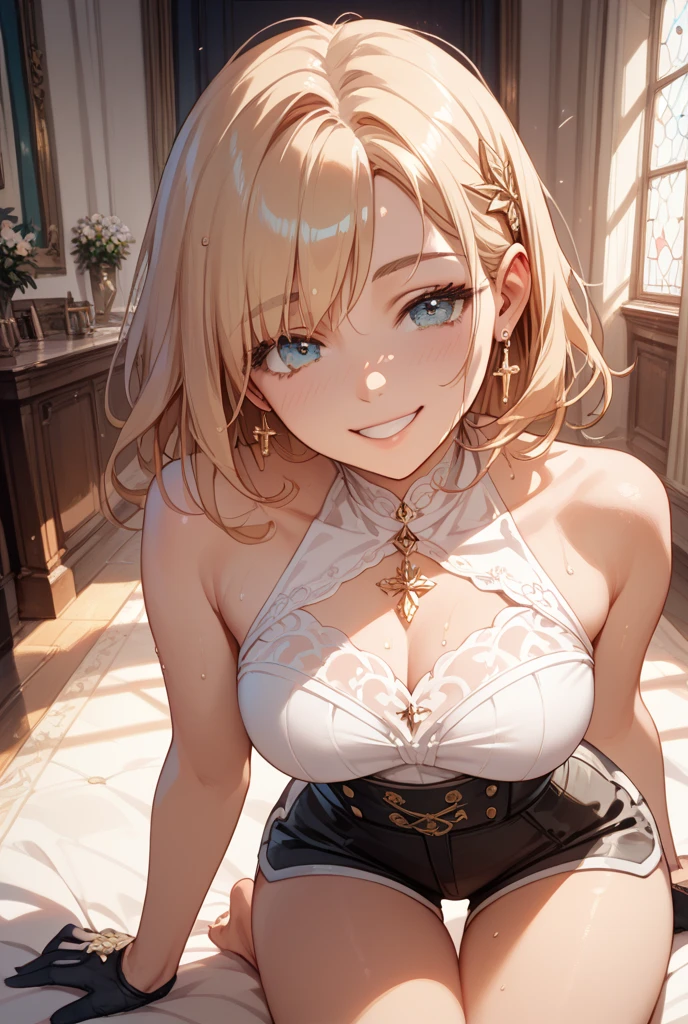 nsfw, work of art, (best qualityer:1.2), (sharp focus:1.2),, 1 girl, slender girl,, (blond|Lumiere_yellow hair), Cat's ears,, face detailed, Youngh|cute face, blush, evil smile,, natural breasts, Thin arms,, white collar shirt with black tie, black choker,, in a modern office, hinterland