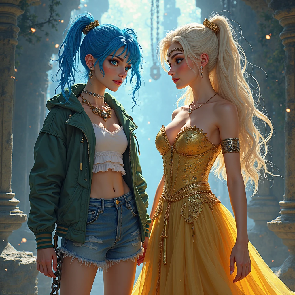 scifi casual dress, highres, masterpiece, perfect lighting, bloom, cinematic lighting, adult, female, perfect skin, looking at viewer, upper body, collarbone, wavy hair, necklace, suspenders, cats print, freckles, blue hair, sunlight, center opening, midriff, cleavage, sleeveless