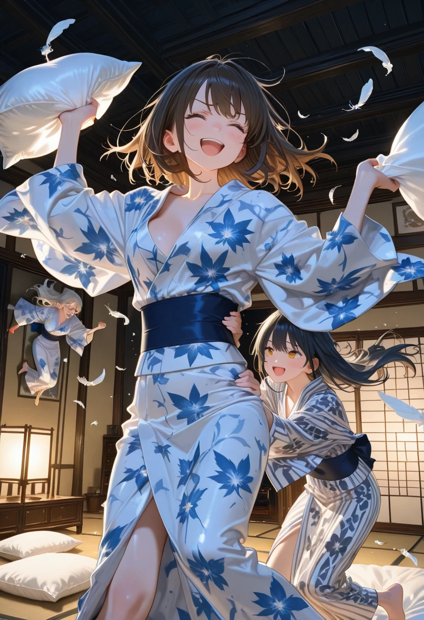 masterpiece、Ultra-detail、intricate detailes、Realistic texture、Unevenness of the human body、realistic in every detail、top-quality、Surrealist works、Women are detailed and realistic、Women in colorful yukata with floral patterns and polka dots、、Two Girls、Sisters、singer、Singing on stage、Hold the microphone、Twin sisters