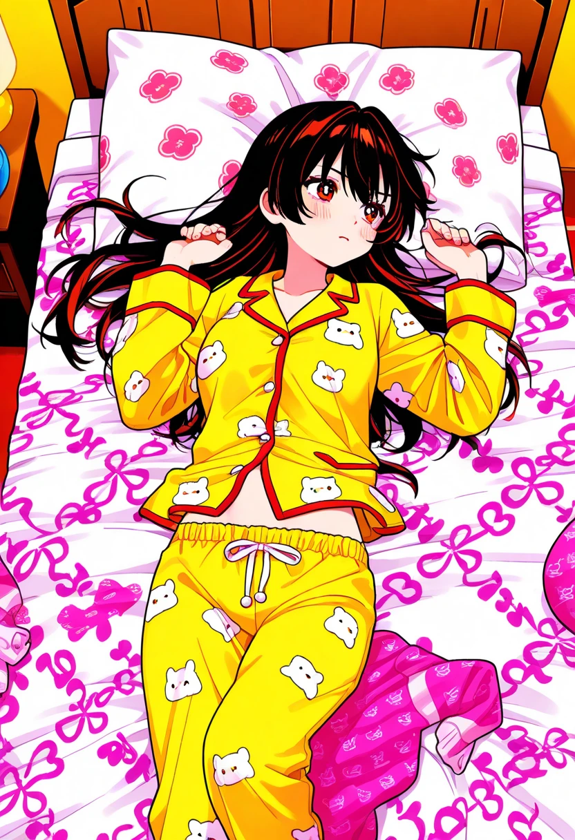 20-year-old,One mature woman,Surreal, 8k, (extremely detailed 8k), (Very delicate and beautiful), (masterpiece), (Better Quality:1.0), (Ultra-high resolution:1.0), (masterpiece, Highest quality),cute,Black Hair,Long Hair,whole body,White Background,Realistic Skin,pajamas,lie on one's stomach,Wicked Smile、Bedroom