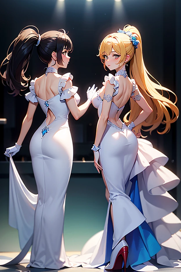 ariel, ((brown hair, bangs,Double braid, tiara, glowing blue eyes, lipstick, makeup, narrow waist, skinny, medium breasts, alone, jewelry, earrings)), pelvic curtain, ((white dress, wedding dress, Scooped up the ass, gloves)), full body, perfect body, (insanely detailed, beautiful detailed face, masterpiece, best quality) , (((solo))), (((1girl))), (((mature))), (extremely detailed 8k paper CG wall unit: 1.1), (wedding, castle, church, dusk), (smile face for the viewer), from behind,