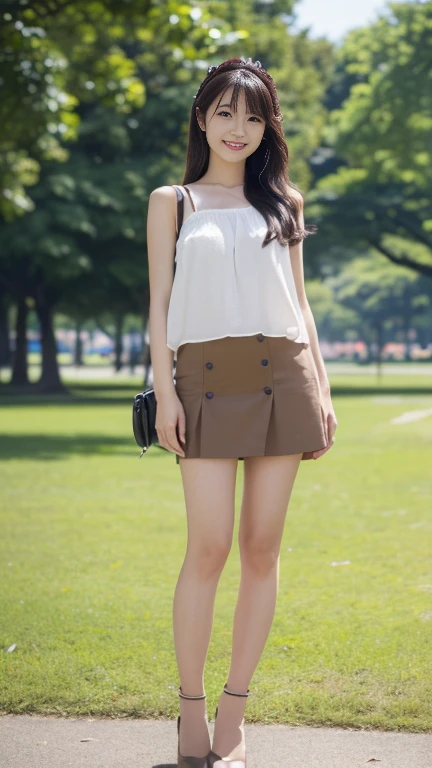 Highest quality、Highest quality、High resolution、、Young Japanese Woman、One Woman、one piece、Tight mini skirt、Beautiful feet、smile、Brown Hair、Long Hair、Slightly larger breasts、date、Blurred Background、garden