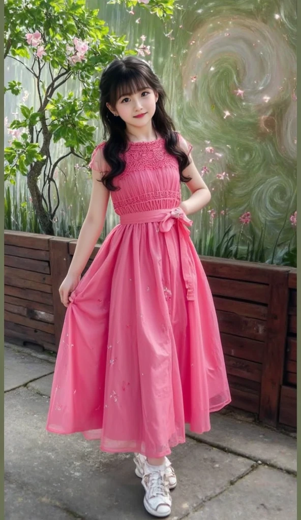 there is a little girl in a pink dress standing on a kingdom, full dress, beautiful princess, ao dai, fantasy dress, magical dress, princess girl, fairy princess, ruan cute vtuber, dressed in a pink dress, beautiful cute, wearing a wonderful dress, summer princess, cute beautiful, smiling as a queen of fairies, wearing organza gown