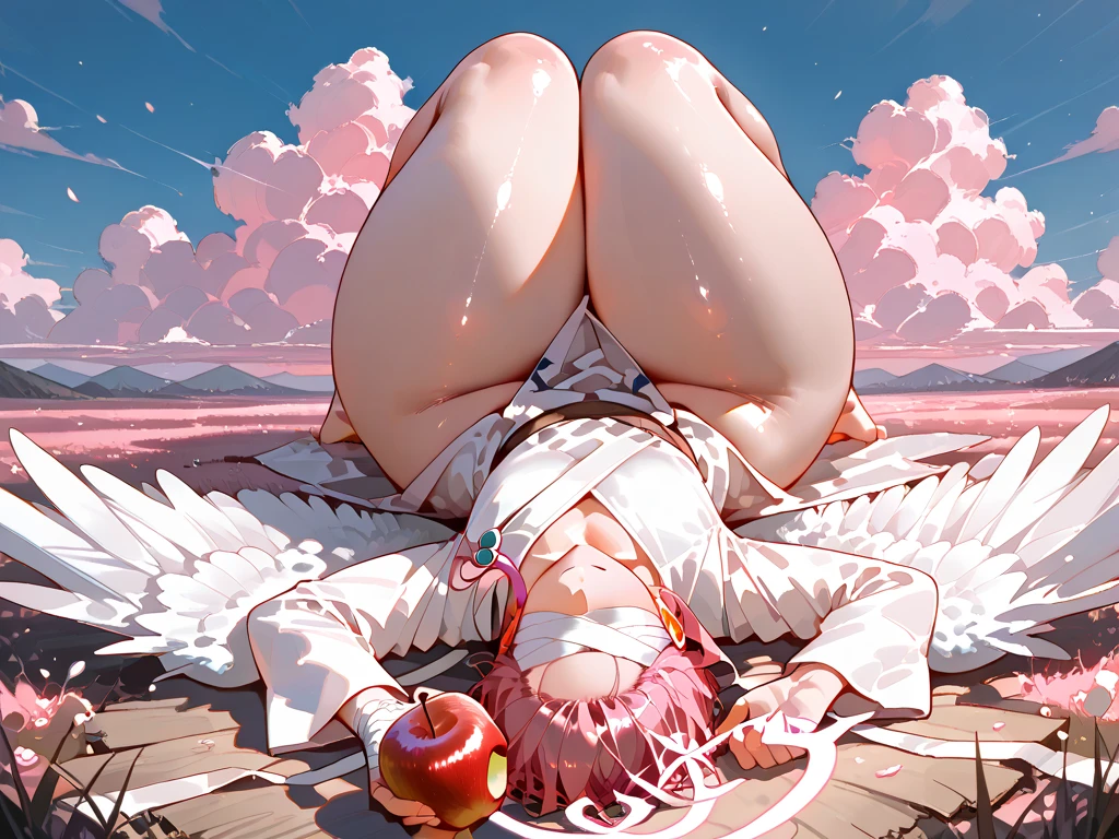 nsfw, (full nude), 1girl, pussy, Hairless Pussy, breast, tummy, medium large breast, firm breasts, spoken heart, love juice, from below, (embarrassed, blush, in heat:1.2), orgasm, troubled face, (spread legs, knees up, toes:1.2), lying down, on the beach, (masterpiece, best quality, perfect anatomy, dynamic lighting, character focus:1.2), close to viewer, closed eyes, open mouth, airani iofifteen, paint splatter, paint splatter on face, hair ornament, hairband, single side bun, long hair, (pink hair:0.7)
