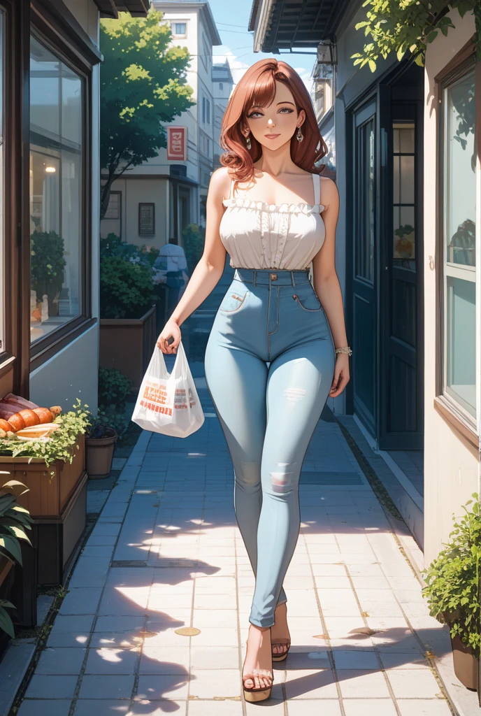 full height. walking down the street with packages after shopping. ((posing like a fashion model 1.2)) A hairstyle. photo of one redhead model girl with juicy figure and big breasts. metropolis street. RAW, analog style, sharp focus, 8k UHD, DSLR, high quality, Fujifilm XT3, grain, award winning, masterpiece. jeans and white T-shirt. shopping bags in hands.