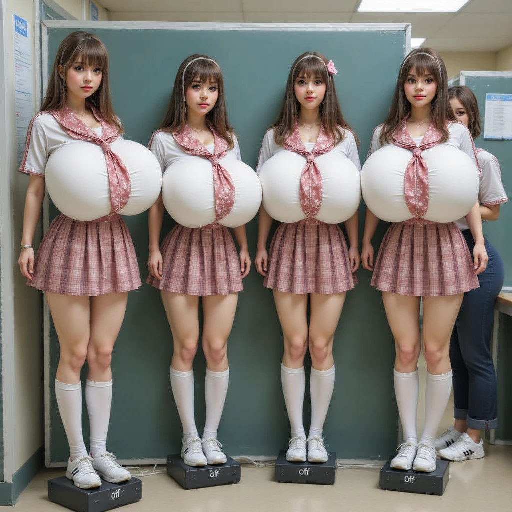 masterpiece, best quality, ultra highres, solo, (skinny body, thin body, narrow hip:1.3), narrow waist, skinny thighs, red eyes, sparkling pupils!, white hair, braid, hairclip, (gigantic sagging breasts:1.5, extra gigantic breasts:2.1), (Extra long leg:2.0) , (skinny long legs:1.5) , (extremely tall:2.2), (school uniform, dress shirt, pleated mini skirt:1.7), short sleeve shirt, sneakers, bow, classroom, cowboy shot, standing, , bashful, full body ,surprised!,from side
