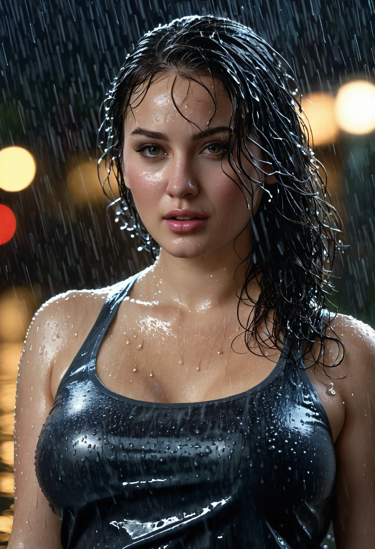 Masterpeice, Wet t-shirt competition, jennifer from accounting, half body shot, high quality, high resolution, hot and sweaty, wet, blurred background, 16K, ultra high res.photorealistic, UHD, RAW