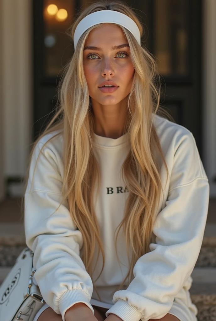((Tir lointain)) Influenceuse blonde aux cheveux longs et naturellement ondulés, de taille moyenne, Elle a de gros seins, Elle porte un haut blanc sexy, Elle combine des pièces streetwear classiques comme des baskets, Sweats ou jeans avec accessoires de haute qualité, comme des sacs de créateurs ou des montres de luxe, pour créer un look moderne et élégant, merveilleux, 8k, super verbeux, réaliste, détails complexes, réaliste skin texture, réaliste hair, texture, espiègle, 8K UH, meilleure qualité, haute résolution, Attention aux détails, très grand , longue portée, grand angle