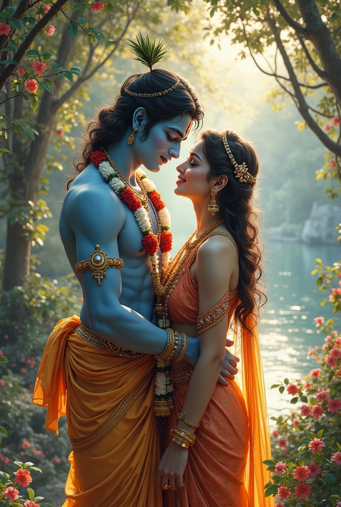 
"Lord Krishna, with his radiant blue skin, charming smile, and peacock feather crown, gazes lovingly into the eyes of Radha, a beautiful maiden with a radiant complexion, adorned in a traditional Indian sari, flowers, and jewelry, her long dark hair flowing down her back, as they share a tender moment of love and devotion."
Change the dress color and make her look somewhere
