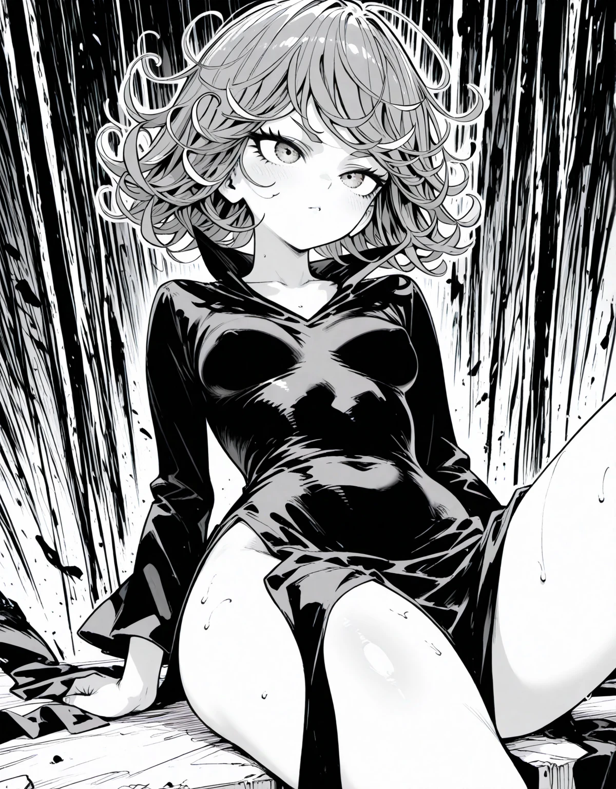  High resolution, Super detailed, Tatsumaki Tornado, Short green hair, Curly Hair, Black Dress, Long sleeve, Outdoor,, Arms crossed, From below,Spread your legs、On the bed、Lying on your back