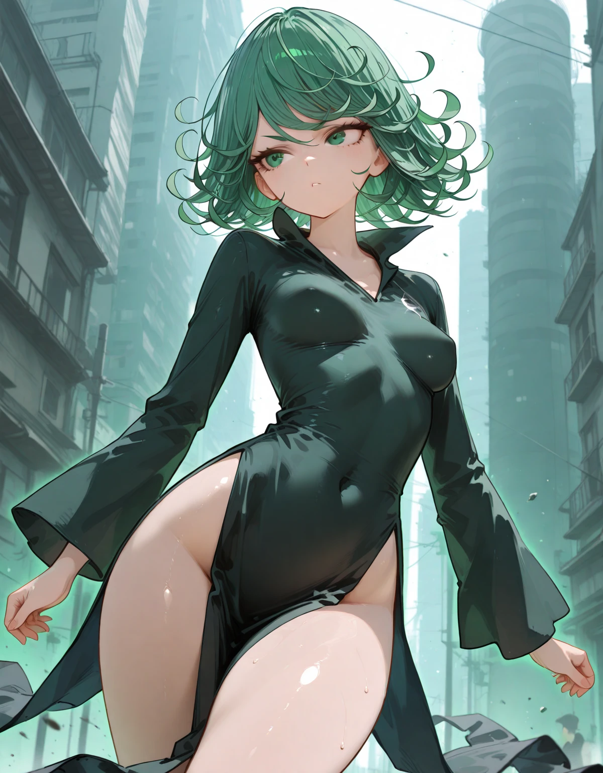 (high quality, 8k, 4K, high contrast, artwork:1.2, high quality, best aesthetics), (dynamic angle), ((1 woman)), erotic, sensual, mature body, super detailed, beautiful face detailed, beautiful eyes detailed, detailed beautiful mouth, sexy body, perfect breats, perfect wide thighs, (short wavy dark green hair), (dark green eyes), (serious facial expression), (long green dress with exposed thighs and long sleeves), (standing in an upright and centered posture), (city in destruction in the background), (looking at the viewer).