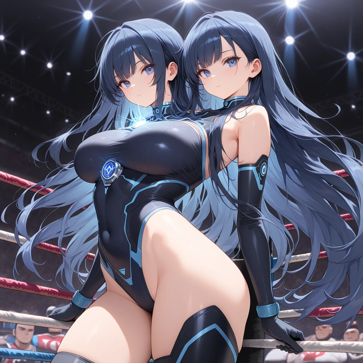 1girl, anime, female wrestler, buxom, cleavage, midriff, hips, view from behind