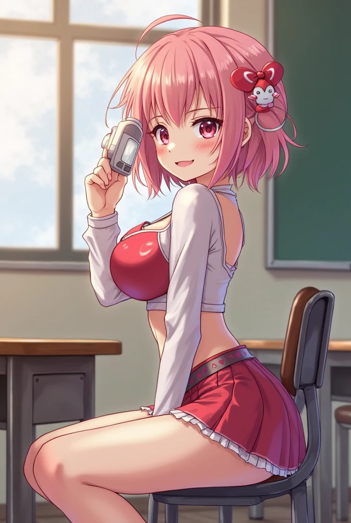 [1girl, Venus Park \(umamusume\), umamusume], (goblin slayer!), (throw_hand, pink vibrator remote switch in throw_hand, throw:1.2), Highest quality, Super detailed, masterpiece, Ultra-high resolution, 8K, Ridiculous, Cowboy Shooting, Blurred, Focus on the girl, Embarrassing, blush, Lovely, Open your mouth, What saliva leaves behind, Wet skirt hem, (Sticky panties:1.1), Bulging of the vibrator cord, Vibrator with Garters, (cleavage), Classroom Background, The skirt is accidentally exposed,(large breasts), (crop top navel), (waist line), Accidentally exposed panties