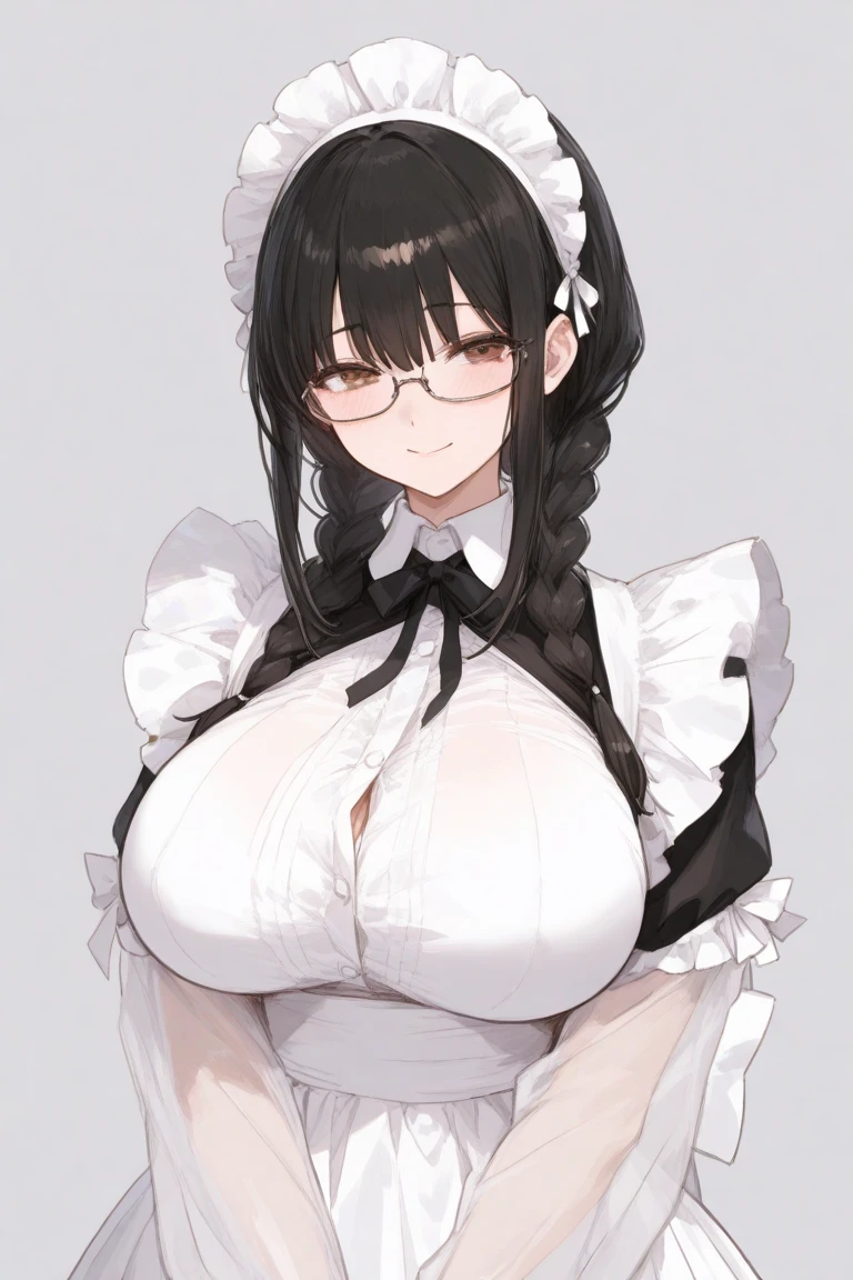 {{masterpiece}},high quality, 4K, 2D, 1 girl,{simple gray background},attractive mature lady, milf,standing,sagging breasts,{gigantic breasts},maid,front face,{{tareme}},attractive mature lady,black hair, {from right in front of face and body},View viewers from front,{front facing shot},Wear glasses,mole under eye,(serious:0.5)