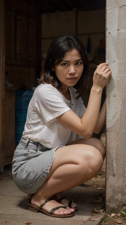 Asian woman, messy hair, dull face, wearing blue shirt, shorts, sitting, legs bent, squatting. In the background, the wall is cracked, next to the woman there is a writing called (kena modus rayuan buaya).