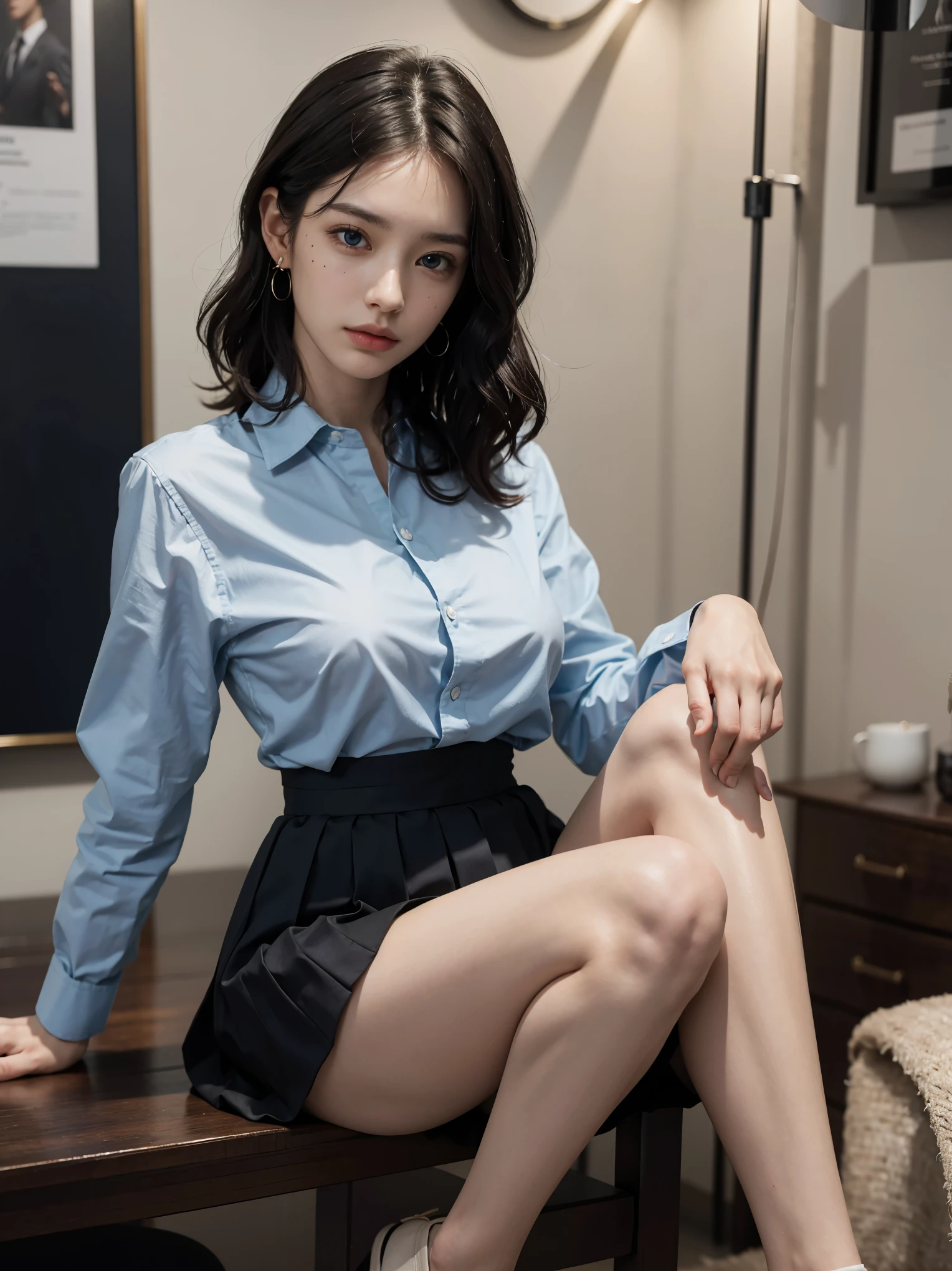 Ultra-realistic 8K CG,s the perfect face,flawless perfection,Ren,tmasterpiece,professionalartwork,famousartwork,s the perfect face,beauitful face,beautidful eyes,((Perfect female body)),独奏,(Bright light:1.2),(Blushlush:0.5),Enchanting expression,Attention to detail,Long legs,Beautiful breasts,Exquisite background,depth of fields,(photorealestic:1.3),1girll,The shirt,pleatedskirt,school uniform,Sit Pose,full bodyesbian,(ambient lights:1.3),emphasis lighting,black pantyhoses,