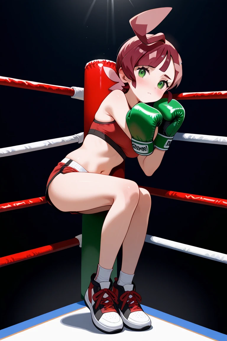 (kinako_(shiratama_mochi) style, ((topless)), nsfw, masterpiece, 1 girl, erect nipples, intricately detailed, navel, bare shoulders, brown hair, bandana, boxing shorts, boxing ring, stage lights, crowd, boxing, boxing gloves, extremely detailed, bare breasts, puffy nipples, green eyes, bare stomach, sweaty, medium breasts, arm strap, cowboy shot, teen, soft eyes, open mouth, short hair