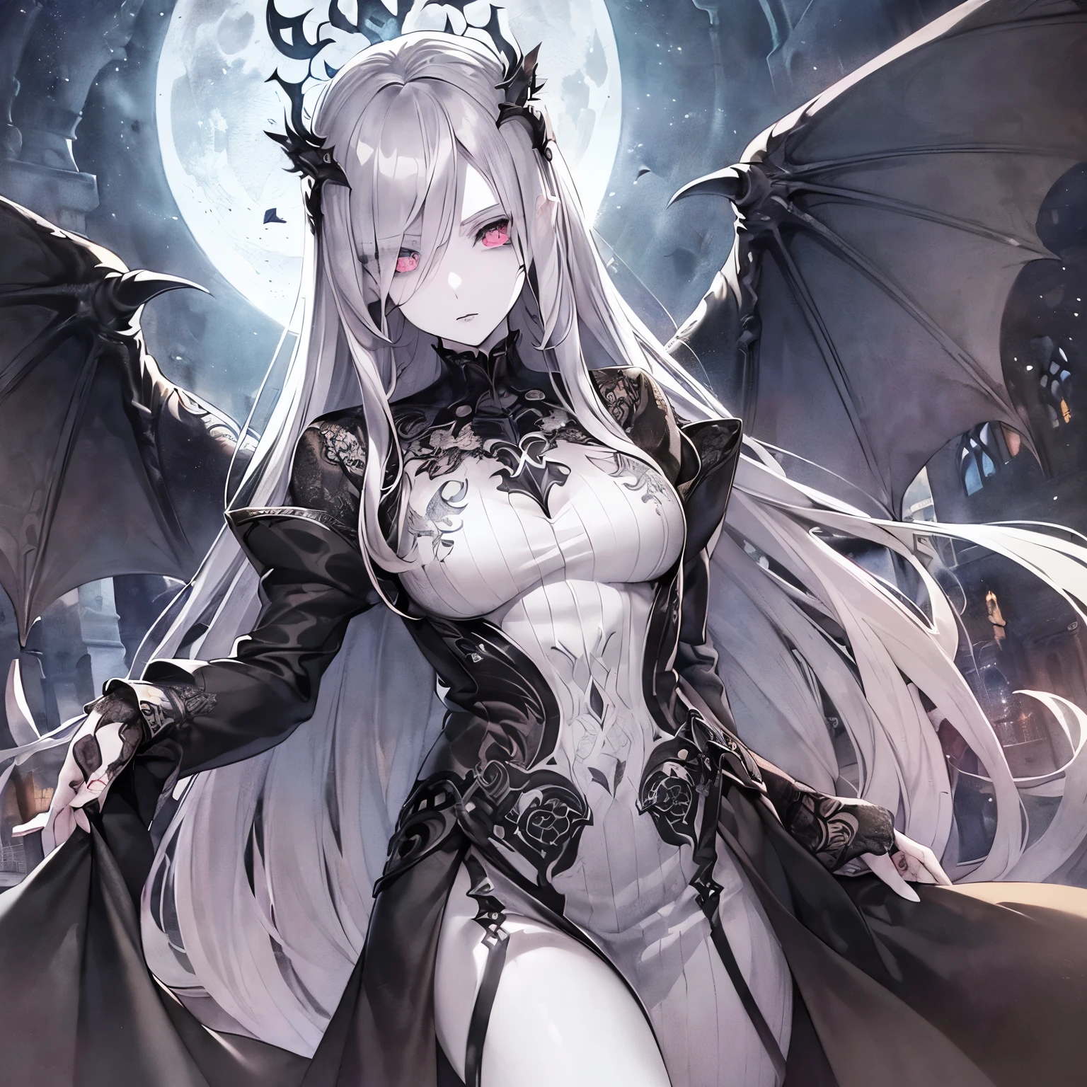 bat wings、darkness、暗darkness、Blood、Beautiful female magician、blonde updo、((whole body))、(((photo taken from below)))、magic circle