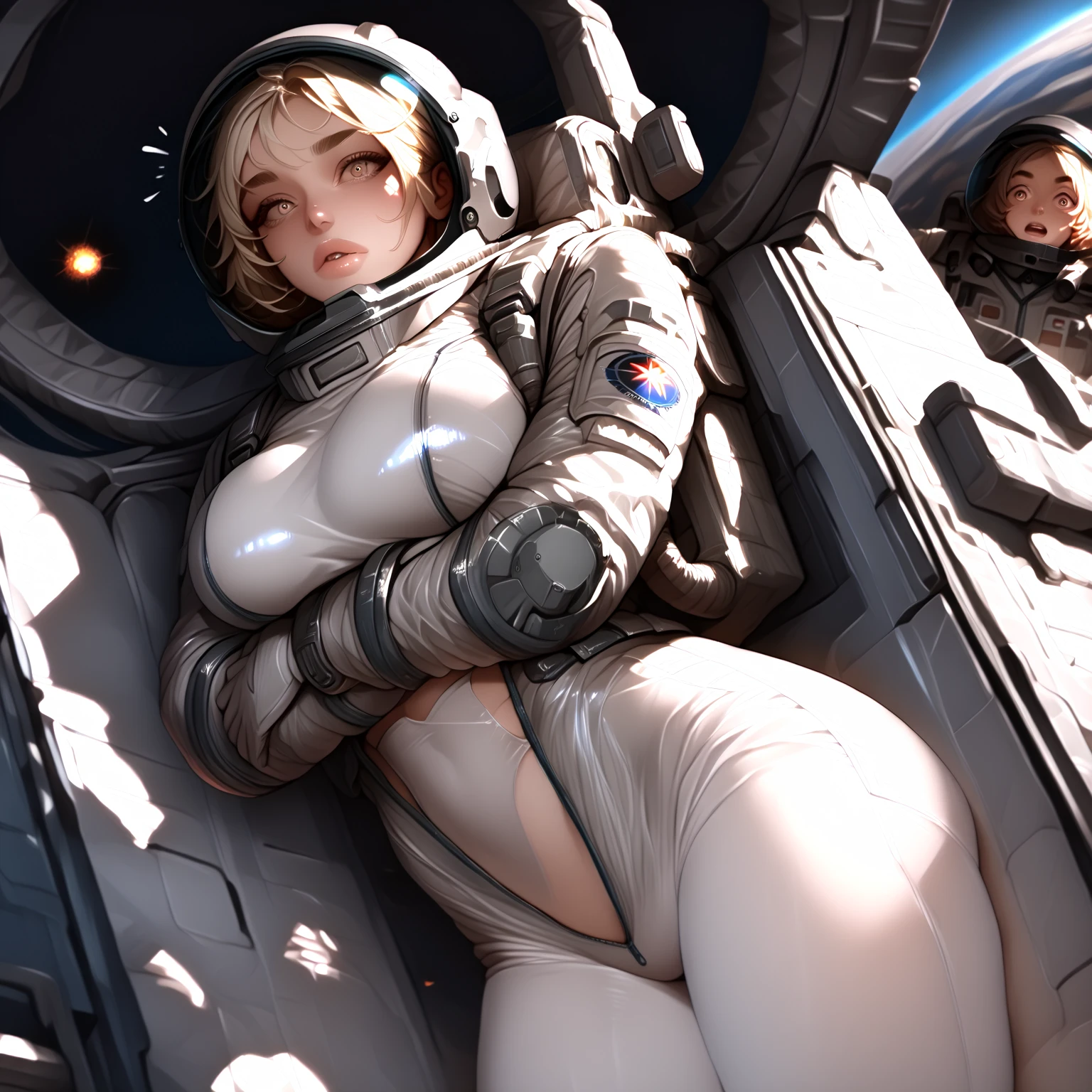 30 years old Nordic woman, ((full body)), ((nude)), ((heavily armored space commander)), beautiful chest, standing with her legs spread apart in the space ship in deep space far from the galaxy, no planet and no moon around there, fighting the huge alien space ship, milky way outside of the ship, zoom in from below