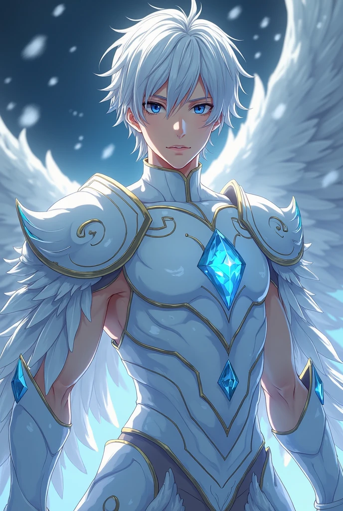 absurdres, highres, ultra detailed, HDR, master piece, best quality, Lucifer, white hair, expressive blue eyes, granblue fantasy, solo, sexy man, handsome, toned chest, black armor, red cape, patterns, magical, fantasy, blue background, blue lotus, shining, blue petals, blue sparkling butterflies