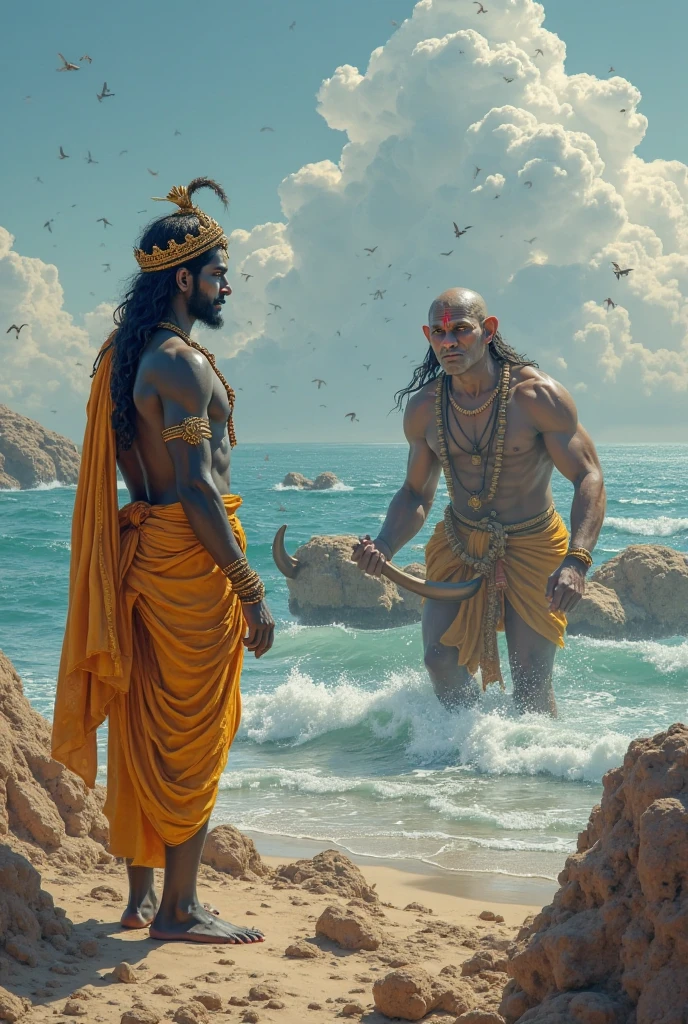 Background : Indus Valley
Men having warm ivory skin tone holding tridents