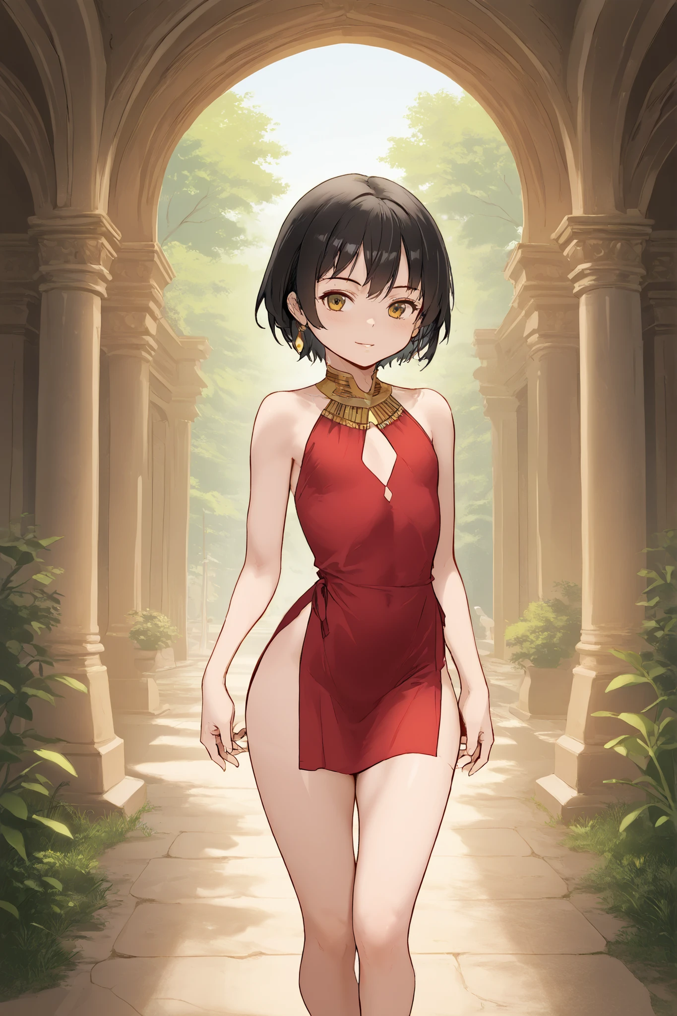 A stunning cute standing in a icy landscape, short height, fit and curvy body, golden-yellow eyes, short dark black hair, fair white skin with a subtle bluish tone, wearing an sexy deep red sari like short dress with gold accents and jewelry, perfect small body proportions with thick legs, small breasts almost flat chest, youthful and beautiful face, bright day light, fantasy high-detail art style, cinematic lighting, semi-realistic digital painting, anime style, bold lines