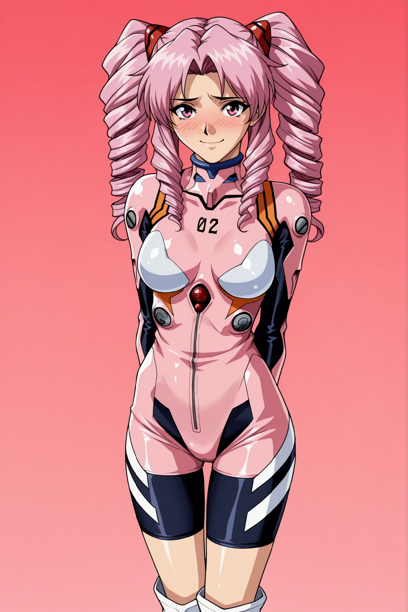 source_Evangelion, cowboy shot, 最高品質。傑作。解剖学的に正確な。highly detailed eyes, perfect eyes, motherhood, (chiaki, pink hair, drill hair, twin tails, solo, pretty female, long hair, pink eyes, tiny, embarrassed, smile, 小さな胸。standing, hands behind back, look at viewer, ラクダの爪先。体をくねらせる),
(pink bodysuit, pink shorts, bike shorts, long boots, 胸部カットアウト), feminine, kagami_hirotaka, 宇宙船内部。concept art,