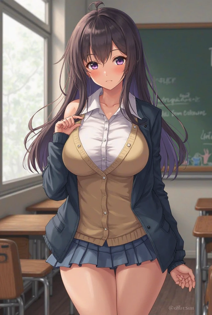 ((Browsing Caution:1.8, masterpiece, Highest quality, High resolution, Hmm., Pixel Perfect, Written boundary depth, 4K, RTTX 10.0, High resolution)), 1 girl, single, alone, Beautiful Anime, Official Art, Beautiful art style, Anime characters, ((Long Hair, Parted bangs, Dark brown hair)), (Green Eyes:1.4, Round eyes, Beautiful eyelashes, Realistic eyes), (Detailed face, blush:1.2), (Smooth texture:0.75, Realistic texture:0.65, Realistic:1.1, Anime CG style), Mid-chest, Perfect body, Big Breasts, Cleavage, (throw, close), ((JK , Checked skirt, Neck bow tie, cardigan)), Natural light, indoor, classroom, School, smile, Open your mouth,、Open your mouth、((Skirt Lift、String Panties、Spread your legs、Sit on a chair、全身Sweat))、Looking up from below、((Cum on my chest))one person's、ponytail、Brown Hair、healthy、Brown eyes,Normal chest(B cup)、fear、Scared,Cute Face、Cute anime illustrations、(naked:1.3)、(vapor:1.2),(Sweat:1.3),Girl trembling with sexual climax、locker room,Browsing Caution、(Vaginal intercourse:1.5),Please put your feet up,18 year old girl has sex with 3 guys, Hug from the front, Height: 170cm, Fair skin, Embarrassed and nervous look, Soaked from head to toe, Red cheeks, wearing a purple bikini, (A man grabs your breasts or buttocks:1.5), (Being kissed on the cheek by a man:1.5), Rear View, View from below, In a crowded cell