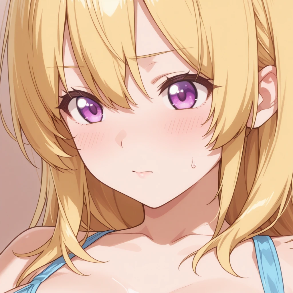 an athletic girl, flat chest, yellow hair, short messy hair, purple eyes, punk, caught undressed, embarrassed