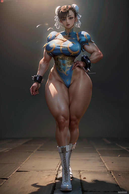 (masterpiece, best quality:1.4), 1girl, solo, (sfa chun), 1girl in a blue top and blue pants posing, blue vest, unitard, blue pants, skintight, yellow ribbon, short hair, sneakers, bare shoulders, looking at viewer, highly detailed face, (highly detailed eyes), detailed brown eyes, blush, fullbody, thicc, chun li at the gym, extremely detailed artgerm, thick smooth warframe thighs, most strongest pose, musclar, abs, musclar legs, (thick legs), detailed legs, detailed body,