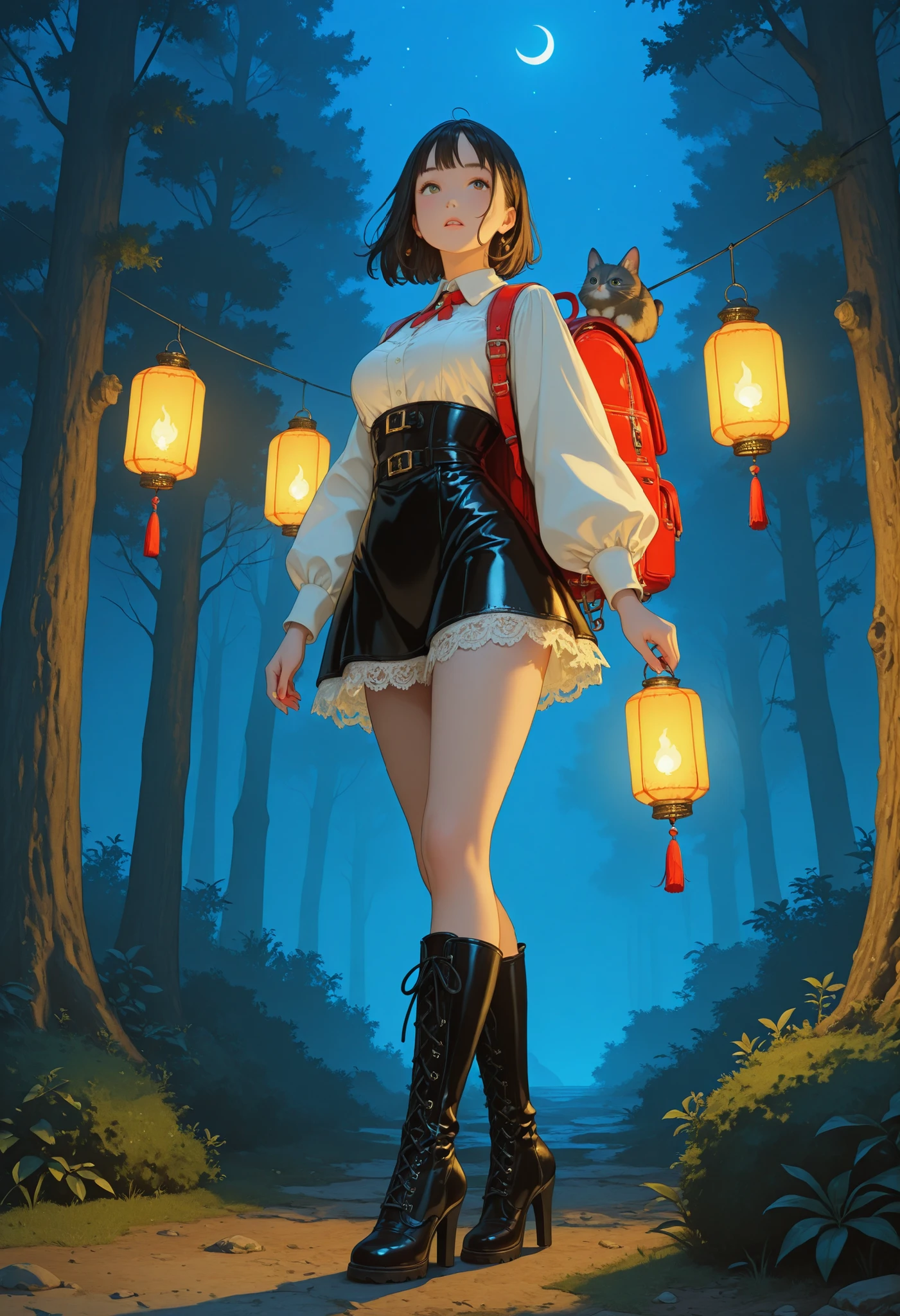 perfect anatomy, 1girl,((full body)), Dynamic Poses with Lanterns, Leather Lace-up High Heel Boots,Large Backpack with Luggage、Adventure Girl   、night forest