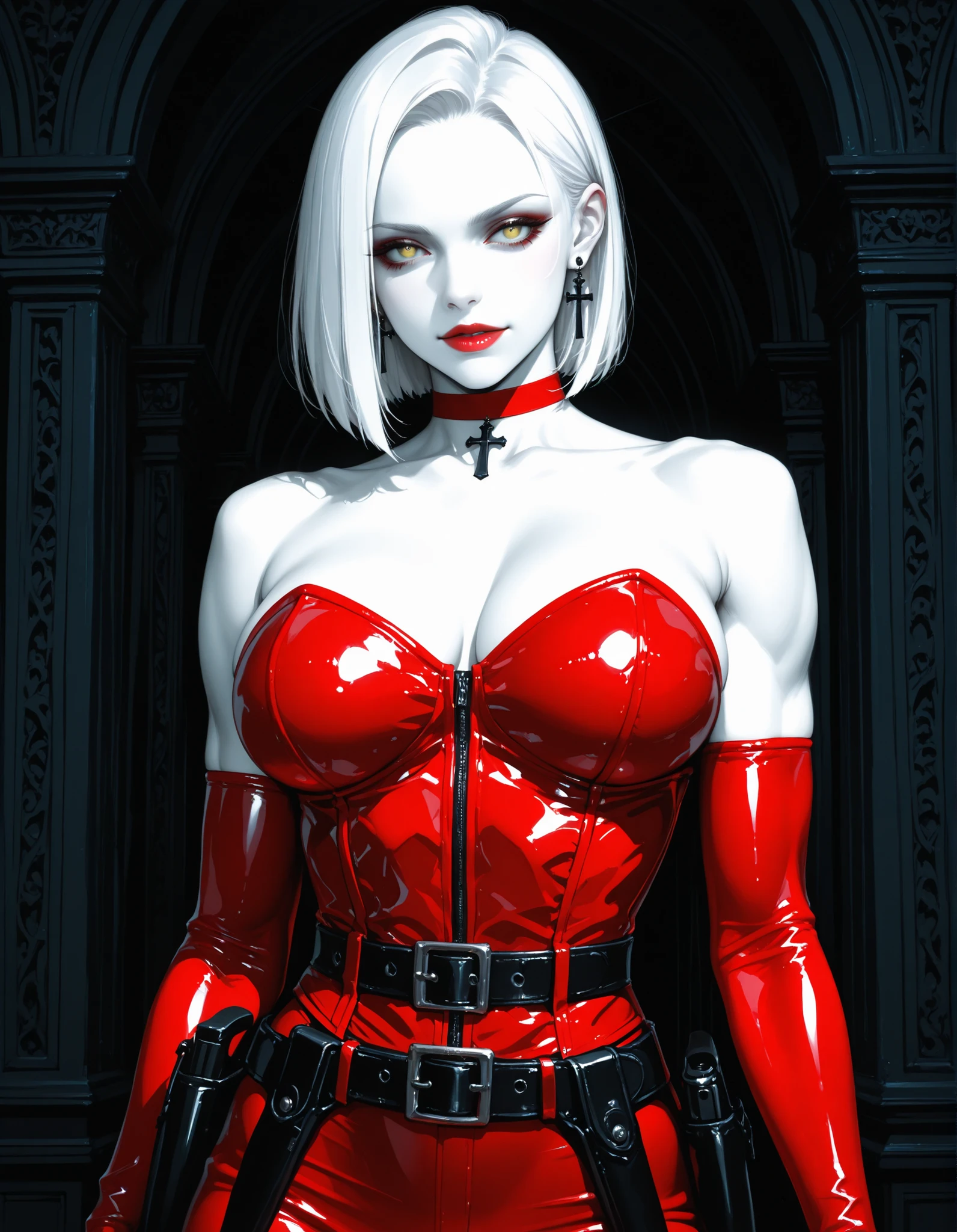 A painting of a woman wearing a corset with spikes around her chest, Holy Cyborg Necromancer Girl, Woman in red armor, Dominant Assassin Robot, Evil Princess of the Wasteland, Very beautiful berserker woman, fleshy - cyborg - zombie, no more heroes Concept Art, Devil May Cry&#39;s V appears as an elf, Bloody + Concept Art