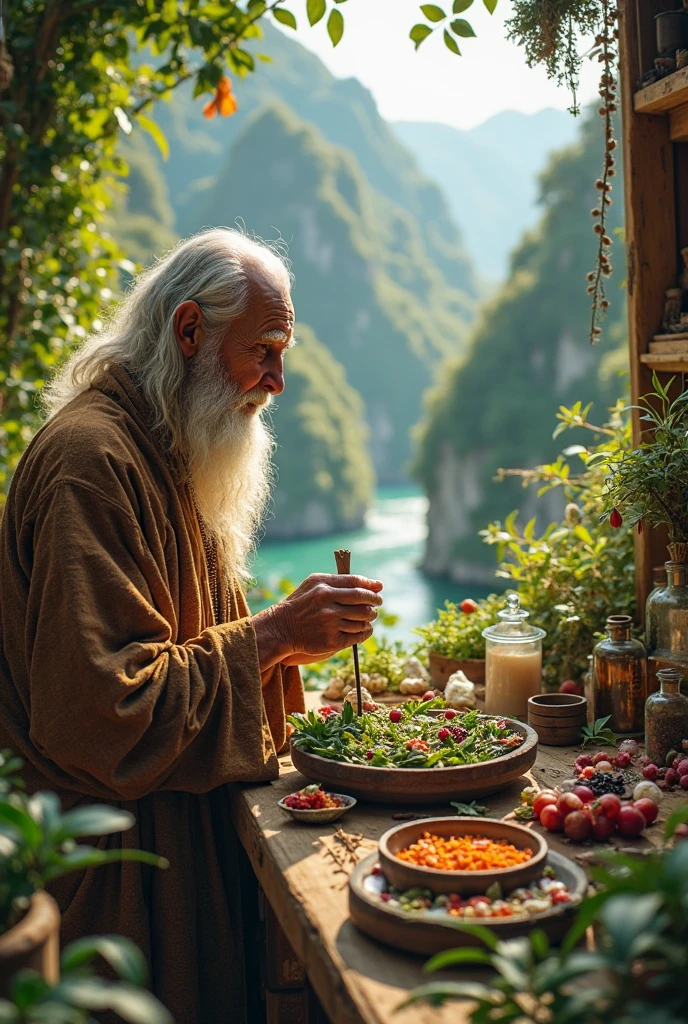 Create an ultra-realistic image of a traditional Brazilian healer, 60 years old dressed in exquisite clothes. She is performing a blessing ritual. The healer holds a bundle of herbs, like rue and basil, In your hands. His expression is serene and focused as he performs the ritual.. in the background candles, aromatic herbs, various saints