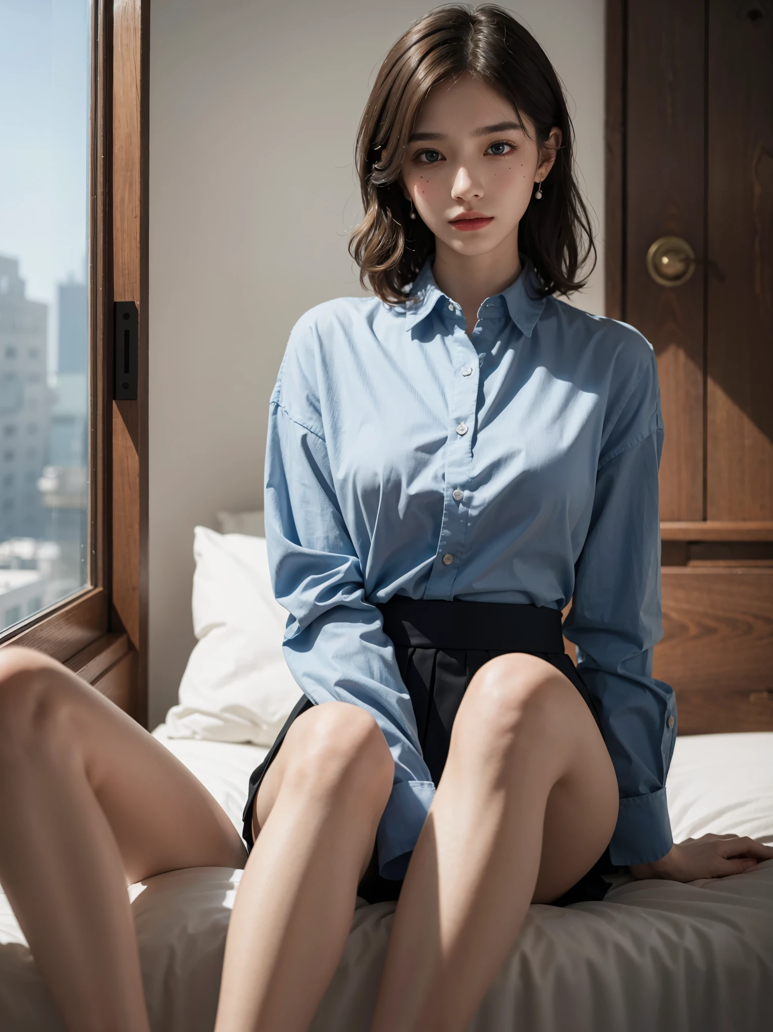 absurdres, RAW photo, extremely delicate and beautiful, masterpiece, Best Quality, ultra high resolution, 32k, hyperrealistic, ultra-detailed, perfect figure, in her 20s, very small head, very small face, delicate facial features, tearful mole, earring, huge breasts, huge breasts, full body shot, medium hair, black hair, collared shirt, shorts, bare legs,