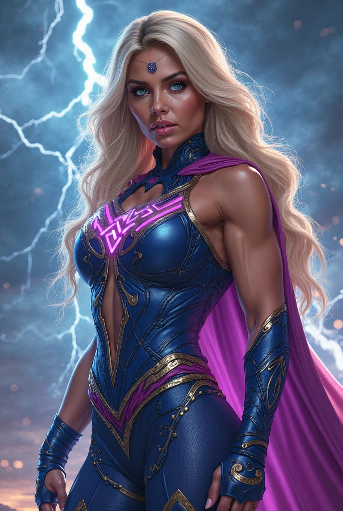 A highly detailed digital illustration of Thundra, the Asgardian hero, standing confidently in dark blue and purple armor with gold trim, inspired by Jack Kirby's designs,  it has a deep V-neck that exposes her cleavage,  the armor is shiny and reflective. She has blonde hair and a stern expression, wearing a Norse helm with gold wings, the helmet covers her entire head and the wings angle back. Her right hand is covered in a heavy armored glove, while her left hand is bare, showing intricate details. Thundra's cape resembles a star field, and she commands thunder and lightning in a cosmic background. She is depicted in a dynamic pose with one leg raised, punching a fist while holding a lightning bolt. The illustration captures the essence of her power, with detailed hands, realistic textures, and a focus on the sharpness of her features. Full body, with a star pattern integrated into her design. Her blue eyes glow with power. 