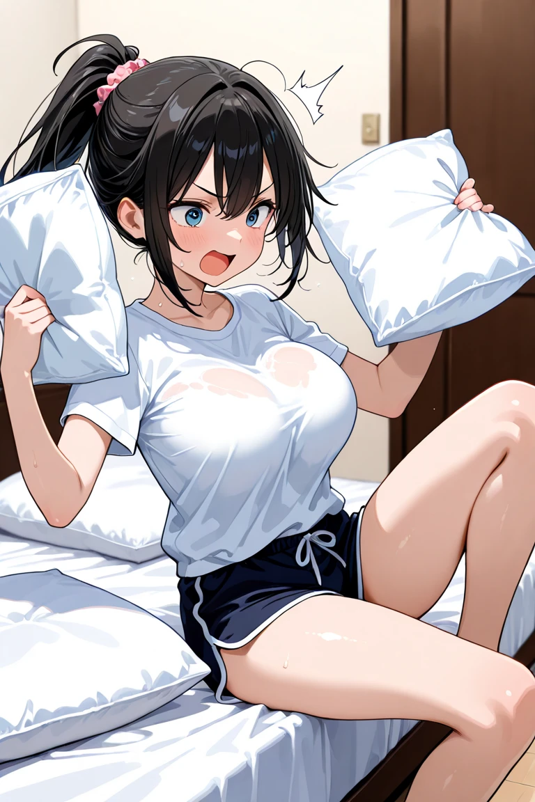 Black-haired girl with short haircut and blue eyes,sitting on a white bed, straightening her hair with her hand, bent her legs under her, black T-shirt, sexy, old anime style, darkened lighting,(sweaty:1.4), tongue out,mini skirt, skirt lift pose, pink cute panties,(holds her breasts with her hands ),(huge Laughing:1.1), (open mouth:1.1), (wide open eyes:1.2)
