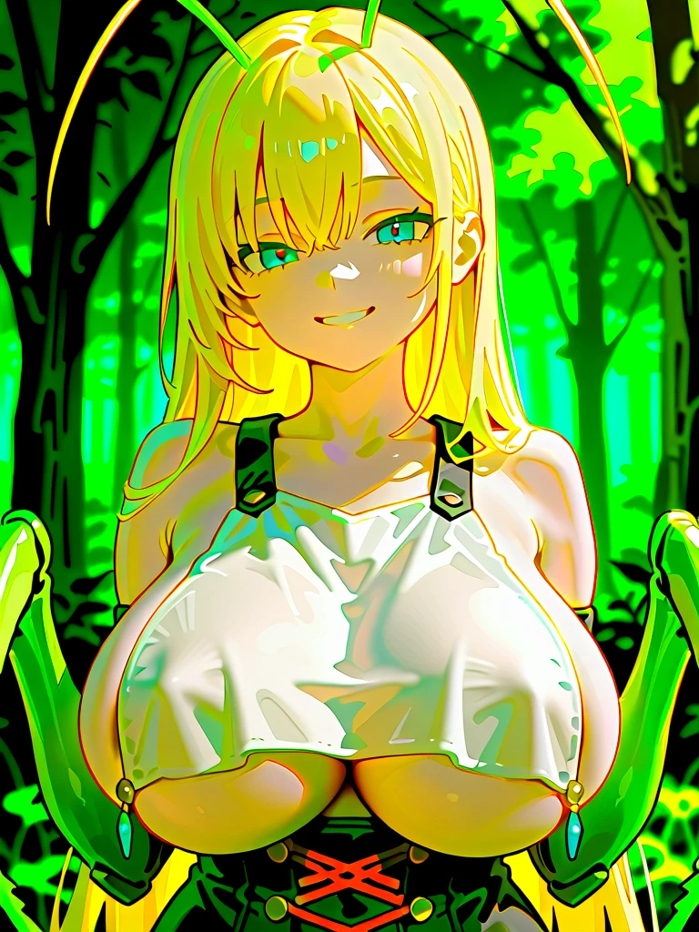 solo tall woman、gigantic breast、french braid,(long yellow hair:1.1)、(dark green eyes:1.1)、(hair between eyes:1.2)、(little necklace in sapphire:1.1),POV,forest,midnight,happy,half-closed eyes,glow lighting,NSFW,blush,nude,Run your tongue over the penis sticking out from between her breasts、