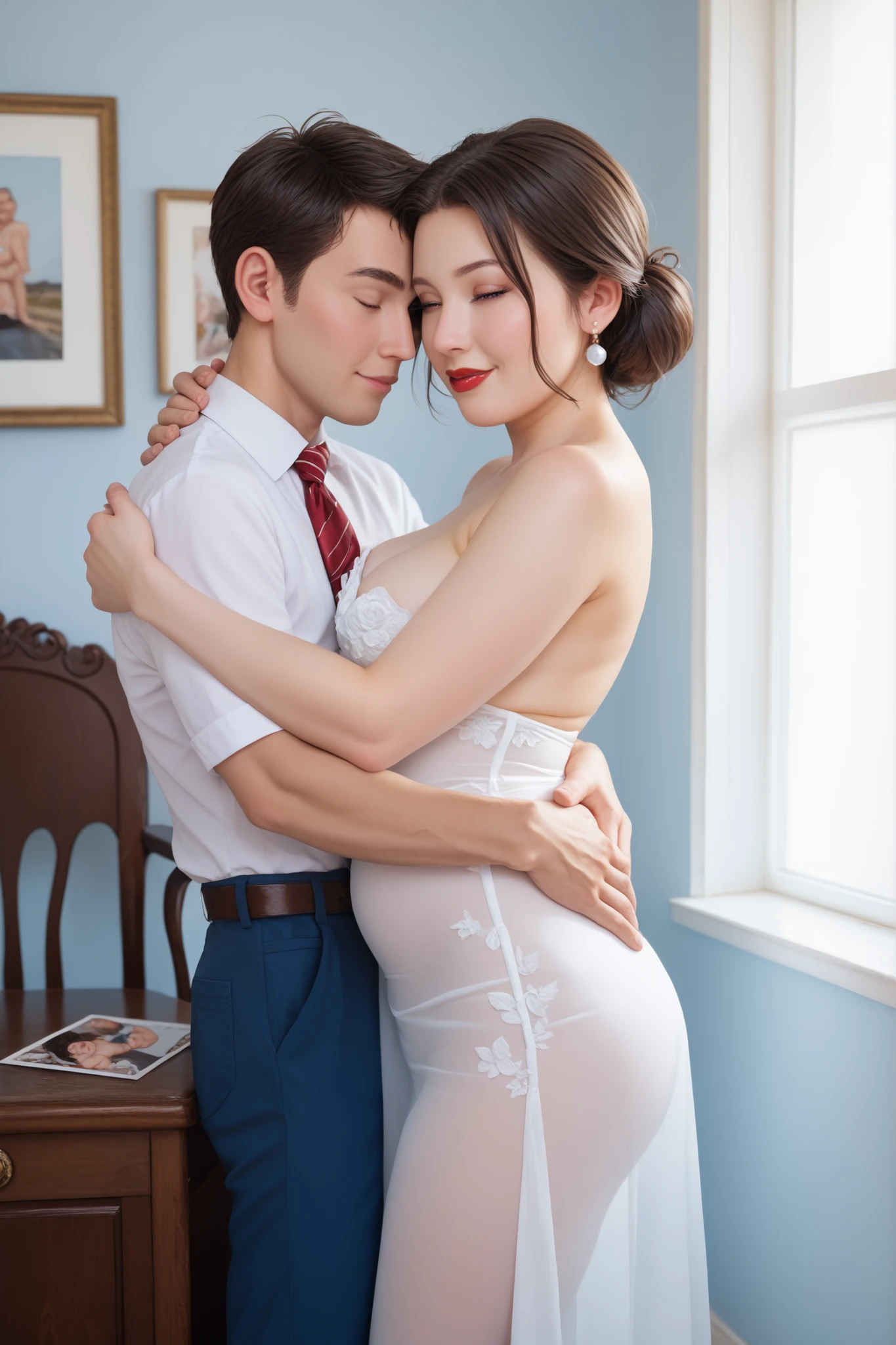 (1 white woman)、(1 white male:1.2)、(Super beautiful)、(beautiful face:1.5)、(blonde:1.1)、(detailed face:1.4)、(The bridegroom spreads the bride's legs:1.4)、(White panties are visible)、(The groom touches the bride's crotch)、(Bride sitting on a chair at the reception)、(She is wearing a prom dress with a miniskirt)、(The bridegroom in a white suit:1.1)、(bare legs)、(At SFW)