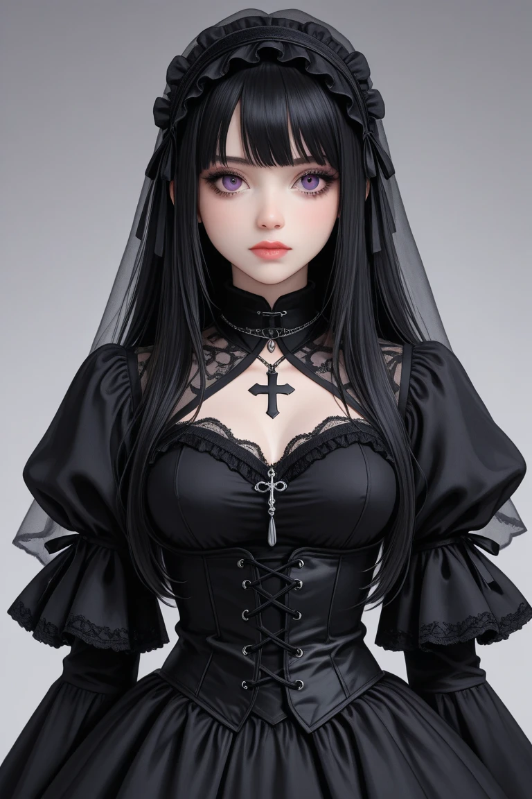 TeEn girl, evil, teenager(1.3),13 years old, teen girl, small breats, black hair and blue eyes, detailed face, ,cleavage, dress with cape, desing with christian cross ,background in prussia