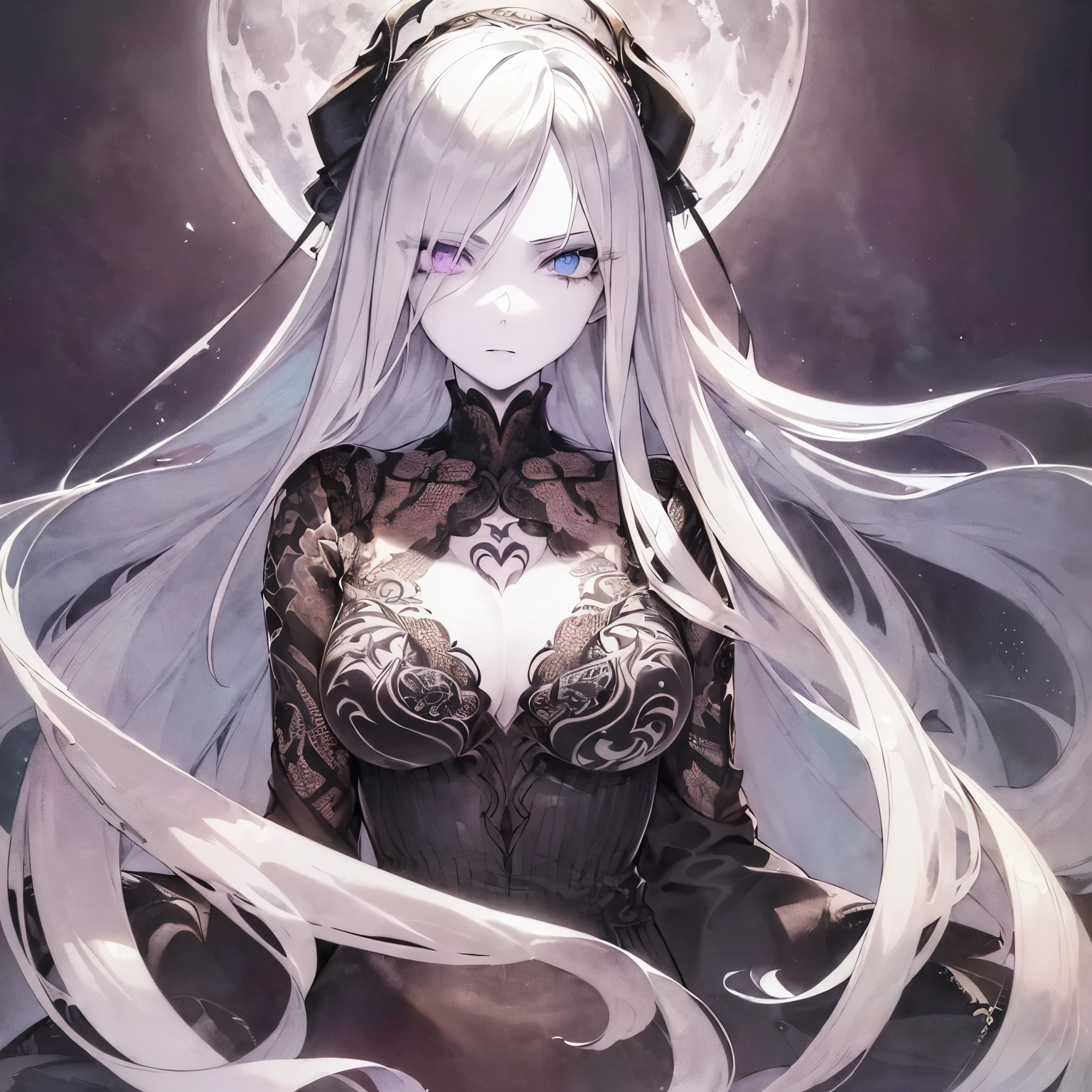 A stunning neo-Victorian cosmic cannibal, her ethereal beauty contrasting with the macabre nature of her existence: porcelain skin adorned with delicate lace, opalescent eyes glazed with hunger, and tendrils of swirling galaxies woven into her flowing midnight hair. This intricate portrait is a mesmerizing gouache painting, meticulously detailed and expertly rendered, capturing every nuanced feature with breathtaking precision. The juxtaposition of elegance and horror is masterfully portrayed, inviting viewers to delve into the haunting narrative of a celestial being consumed by her own darkness.
