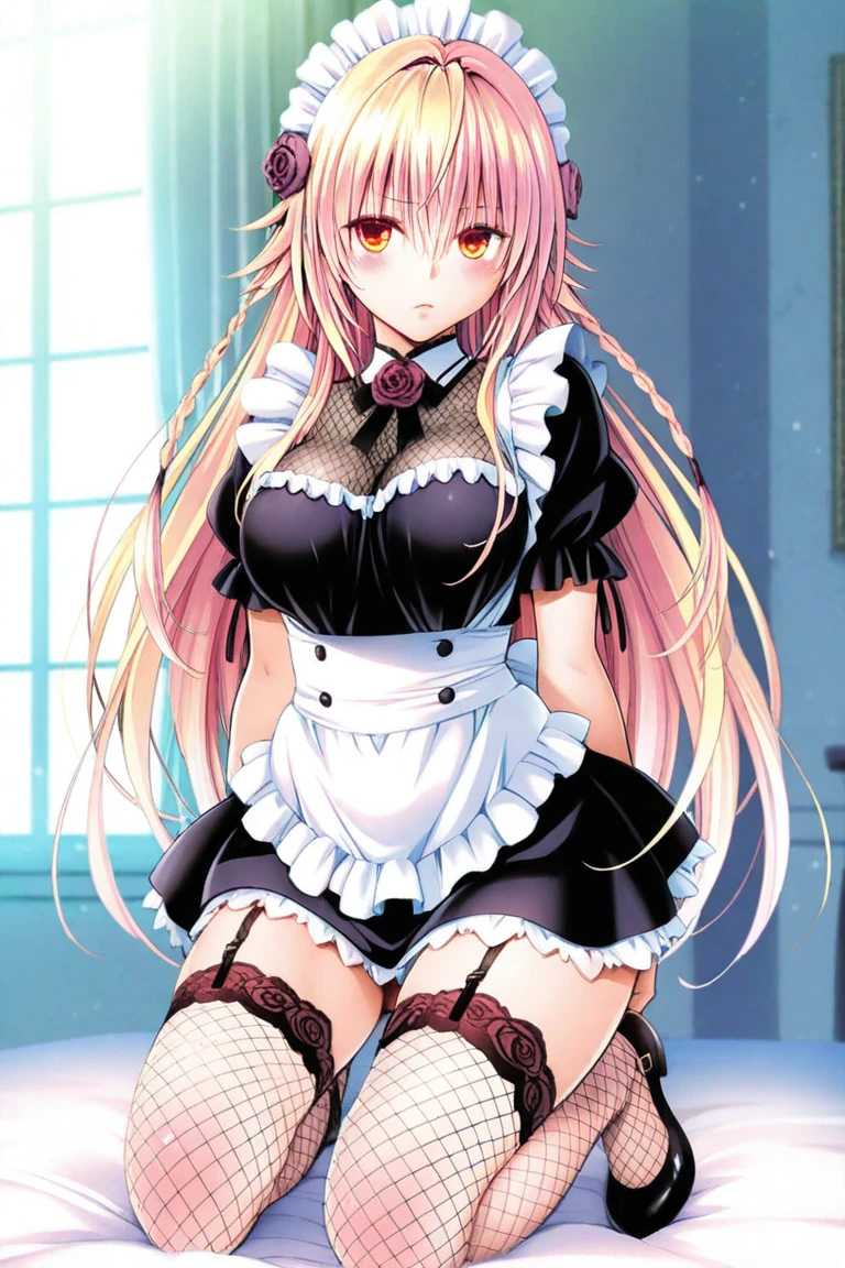 ((Erotic:1.2)),{{Masterpiece:1.5}},{Detailed and beautiful depiction 1.5},Official Art,Beautiful adult woman ,Megurine Luka,Pink long hair,blue eyes,Large Breasts,Erotic微笑み誘惑,Maid clothes,Flip up the skirt,Show me your black underwear,bedroom